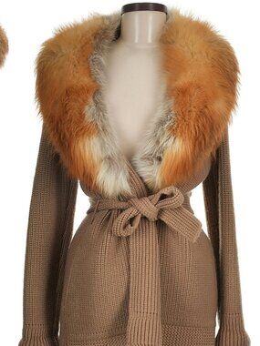 Vintage Murra Furs Camel Colored Belted Open Front Cardigan Jacket Collar Ruff